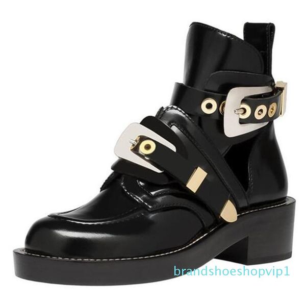 

punk booties buckle straps thick heel black ankle boots cut out woman boots motorcycle brand designers round toe summer shoes