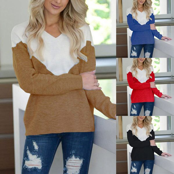 

new fashion women long sleeve v neck stitching color sweaters warm blouse pullover c55, White;black