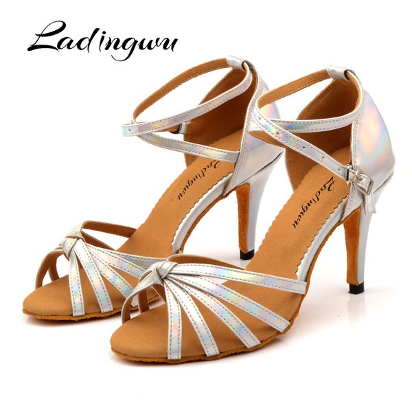 

ladingwu latin dance shoes salsa dance shoes silver discoloration pu ballroom women heel 6-10cm