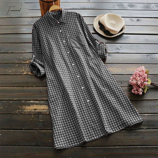 

2019 dress summer zanzea cotton linen women vintage loose check plaid mini dresses casual shirt beach vestido plus size s, Black;gray