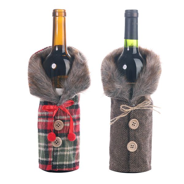 

christmas day table wine bottle decoration striped plaid skirt wine bottle set red wine bags couple dinner atmosphere christmas decoration