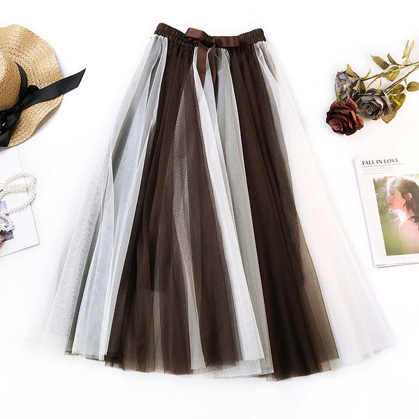 

skirts gigogou chic women summer mesh pleated skirt 2021 color block long midi tutu elastic high waist a line tulle, Black