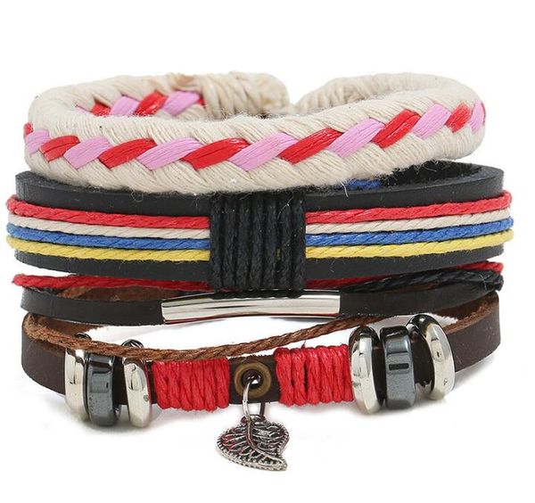 

100% genuine leather bracelet diy colored wax rope small leaves pendant beading men's combination suit bracelet 3styles/1set, Black