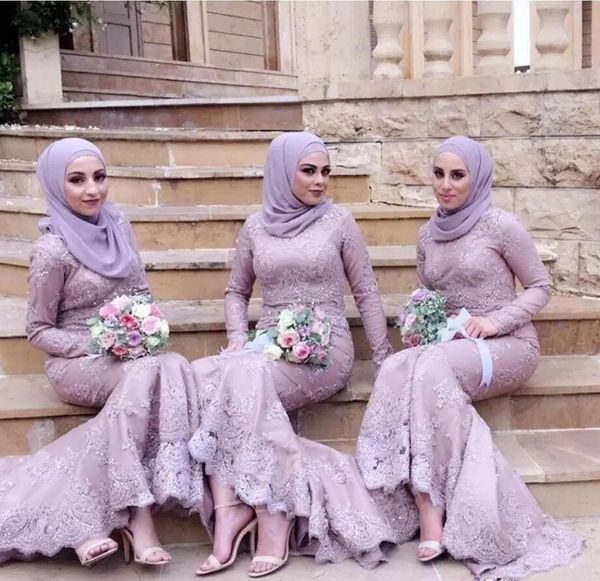 Vestidos de dama de honra muçulmano 2019 mangas compridas pescoço de alta sereia laço de renda árabe vestido de convidado formal noite vestidos de festa personalizado
