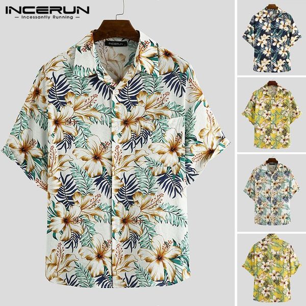 

incerun 2020 fashion floral print men hawaiian shirt short sleeve chic lapel loose casual streetwear camisas hombre beach shirts, White;black