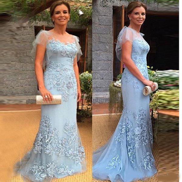 

elegant mother of the bride dresses sheer neck tulle cap-sleeve sheath-column of prom gown blue lace applique long mother's dress, Black;red