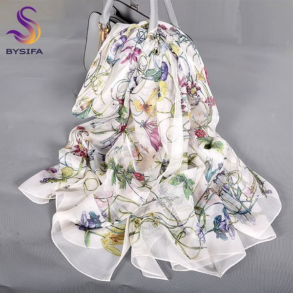 

bysifa] white 100% silk scarf cape fashion floral design long scarves women summer utralong beach shawl winter scarves180*110cm