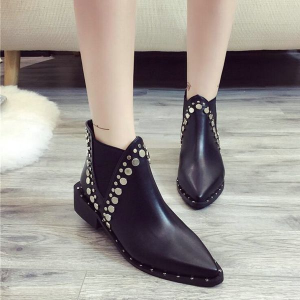 

autumn fashion women leather ankle boots pointed toe boots woman low heels 5cm motorcycle rivets, Black