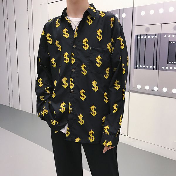 

2019 new summer turn-down collar autumn shirt print gold coin joker thin shirt long sleeve lapel comfortable sa-8, White;black