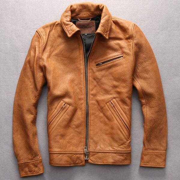 

импортная твердая кожаная куртка мужчины толстая козья кожа отложной воротник желтый мульти-карманы ziper черный повседневная дубленка для м, Black