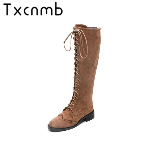 

txcnmb knee high boots women cow suede leather heels black lace-up boots round toe autumn winter botas shoes woman