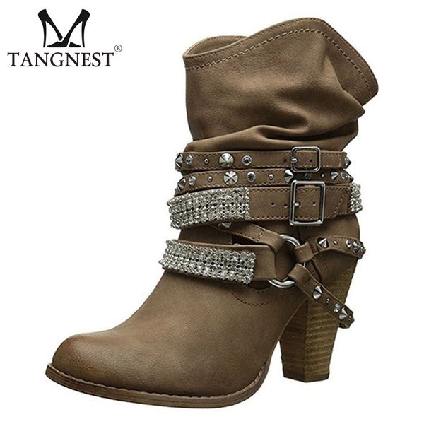 

tangnest women motorcycle ankle boots rhinestone rivet high heels platform buckle shoes woman booties size 35-43 xwx6928, Black