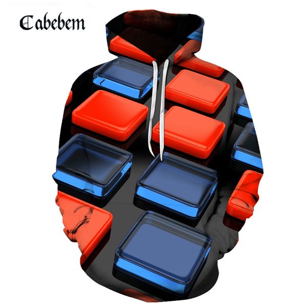 

three-dimensional square lattice 3d hoodie geometric print sweatshirts personality design printing hoodie men sportswear, Black