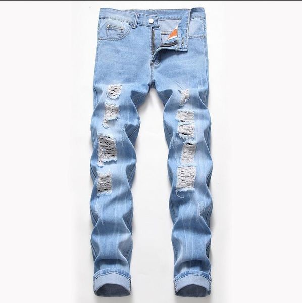 

big size mens classic straight leg ripped jeans fashion designer slim fit washed solid hole biker hip hop denim pants jb2, Blue