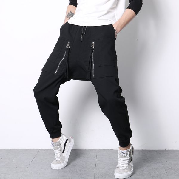 

new 2018 men's clothing fashion screw thread street corner low span haren pants costumes, Black