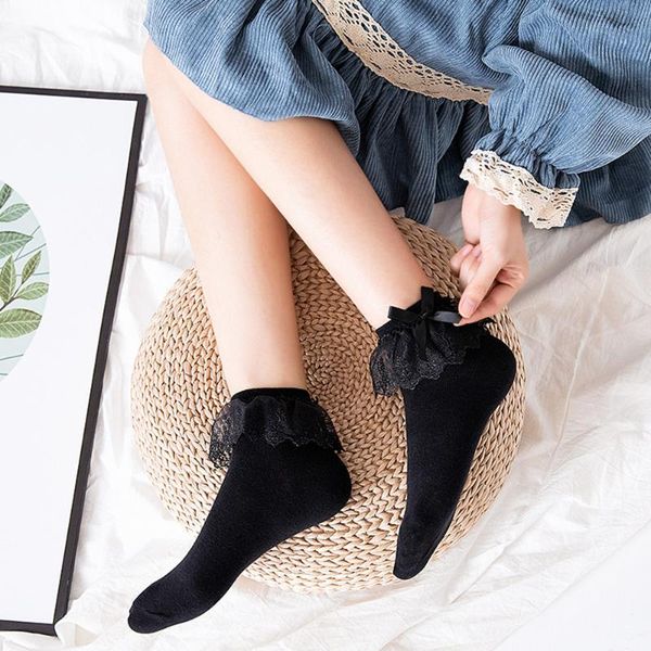 

women socks fashion breathable cotton lace ruffle princess socks bow knot ankle summer sweet children girls, Black;white