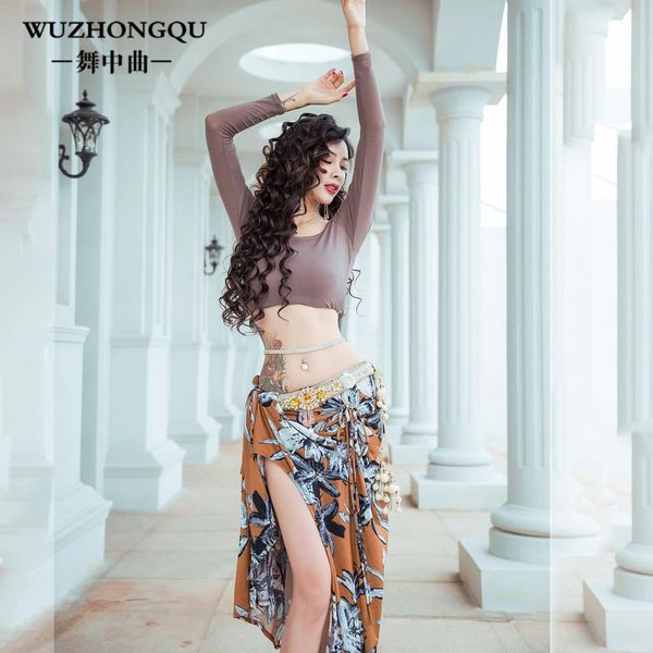 

belly dance training suit women belly dance long sleeve long skirt orient hipscarf performance costume 2 pcs set wd38, Black;red