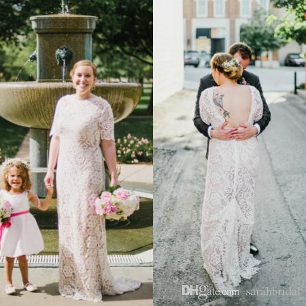 

country style bohemian sheath wedding dress full lace sheer jewel neck 1/2 sleeves sweep train backless boho wedding dress bridal gowns, White