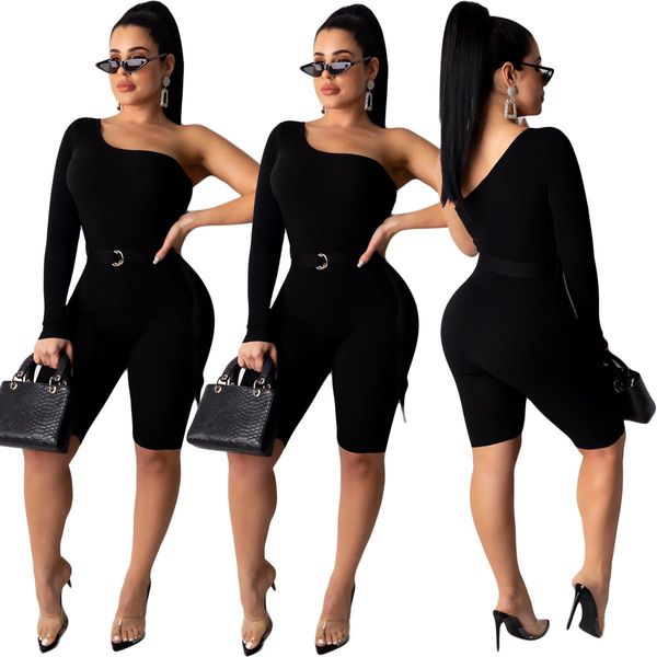 

female stretchy short rompers one shoulder one long sleeves skinny knee length jumpsuits 2020 women nightclub pants summer, Black;white