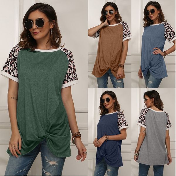 

spring and summer new leopard pattern splicing short sleeve t-shirt european and american women's top, White