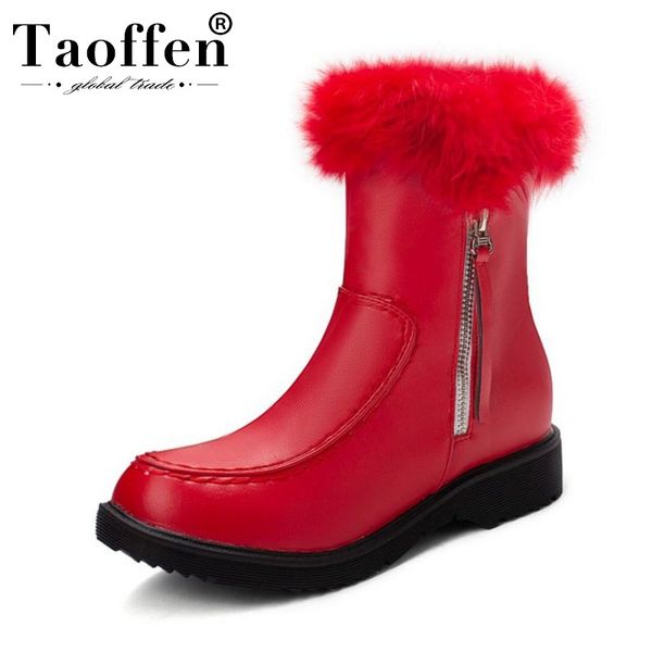 

taoffen size 34-48 women keep warm ankle boots plush fur zipper flats round toe pu leather short boots daily outdoor snow, Black