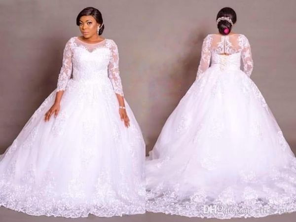 

plus size wedding dresses african formal wear jewel sheer neckline lace wedding dress custom made back lace up ball gown bridal gowns, White