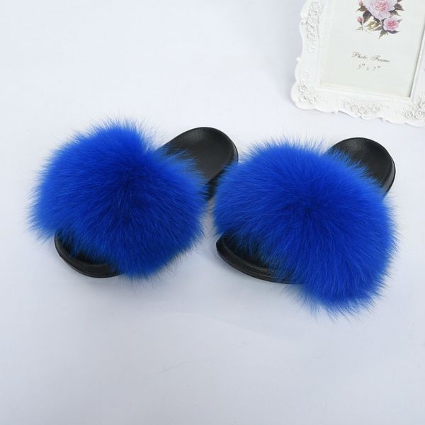 

2019 selling wide fur slippers ladies fluffy fox fur slides flat fashion sandals, Black