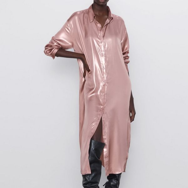 

casual dresses women long dress autumn 2021 fashion shiny pink satin material full sleeve modern lady shirt, Black;gray