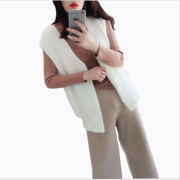 

women casual autumn winter vest2018v-neck short warm mink hair open stitch waistcoat sleeveless soft female outerwear vestcq2810, Black;white