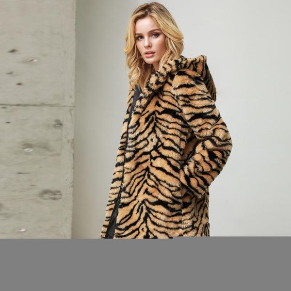

2019 autumn winter women's casual long sleeve leopard faux fur outwear cardigan loose hooded pocket plush fur coat l0807, Black;brown