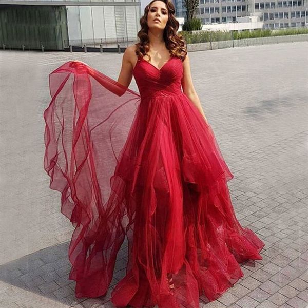 

modest red spaghetti strap prom dresses ruched tiered ruffles skirt special occasion dress tulle sweep train evening party dress, Black