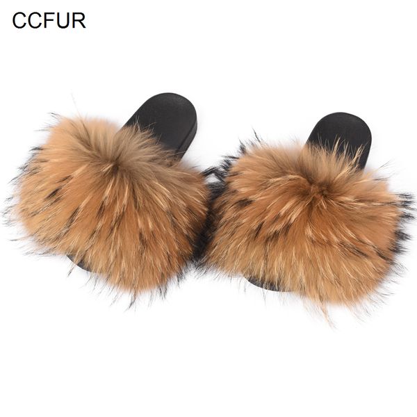 

14cm wider fur women fashion slides new real raccoon fur slippers sliders summer autumn indoor s6020w, Black