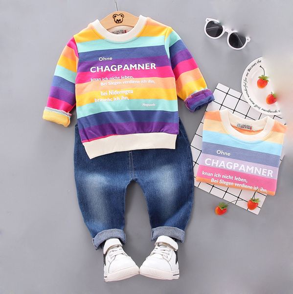 

onto-mato fashion toddler baby boy kids letter stripe shirt +denim pants outfits set abito in cotone a maniche lunghe#28, White