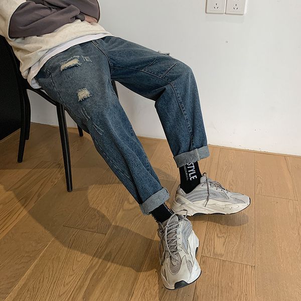 

fall ripped jeans men's fashion washed solid color casual jeans pants man streetwear hip hop loose straight denim trousers mens, Blue