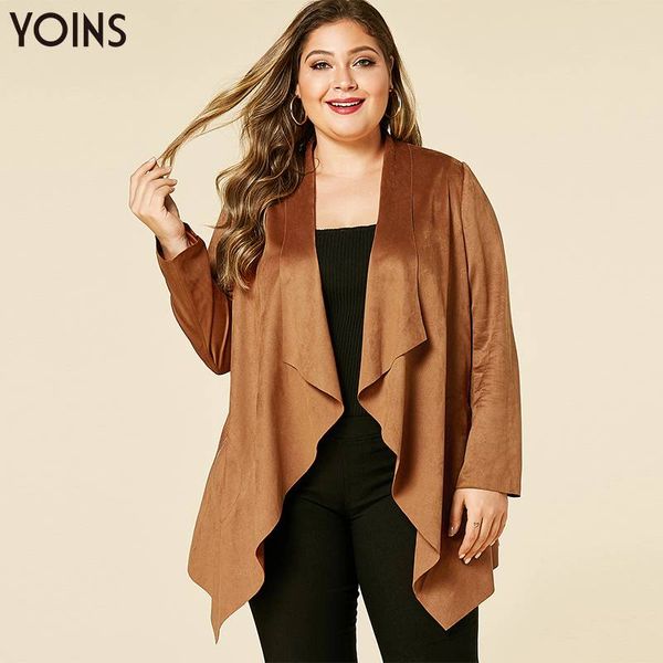 

yoins 2019 spring autumn winter women coats plus size long sleeves side pocket zipper open front suede coat loose casual vintage, Black;brown