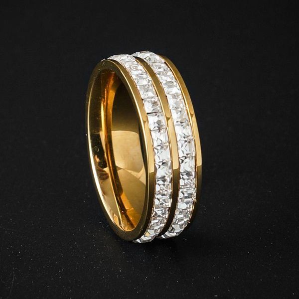 

two row clear crystal rings gold color stainless steel round pave finger rings for women engagement wedding luxury jewelry gift, Silver