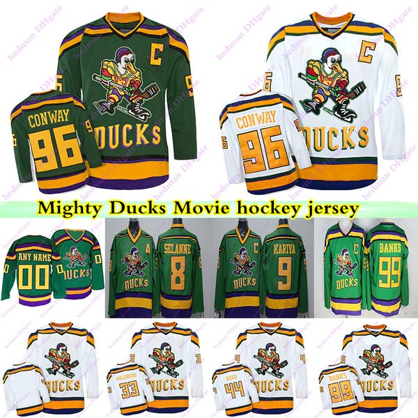 

mighty ducks movie ccm vintage jerseys 99 adam banks 96 charlie conway 9 paul kariya 8 teemu selanne 66 gordon bombay hockey jersey, Black;red