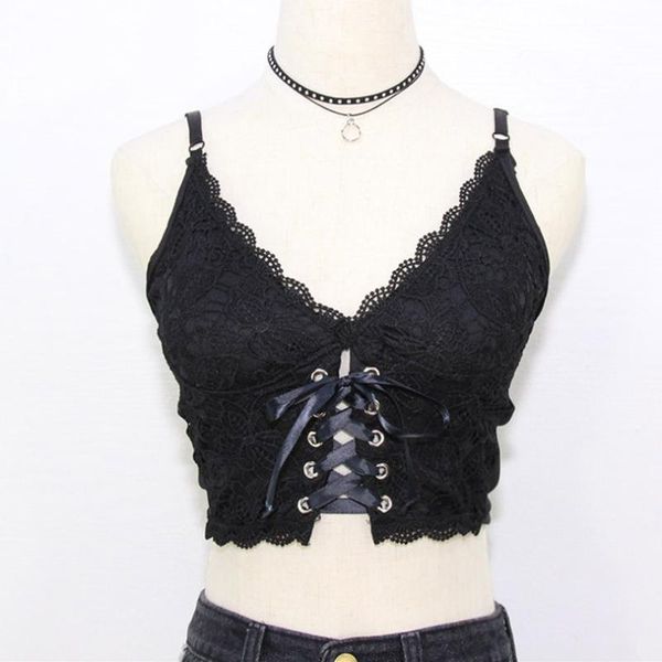 

deep v-neck lace tank summer ribbon lace up punk cropped tanks summer backless white black for women girls