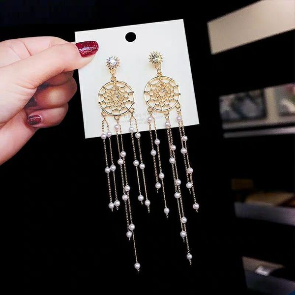 

gold color long tassel dreamcatcher earrings for women japanese ethnic long earrings with pearl fringed hanging earings for girl, Silver