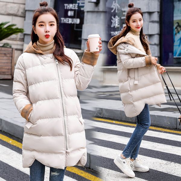 

women's down jacket plaid patchwork long bread hooded loose casual cotton coat winter thick warm outwear, Black