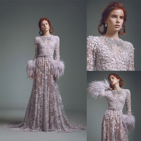 

2020 floral evening dresses jewel neck appliqued beaded feather prom dress long sleeves belt ruffle sweep train formal party gown, Black;red