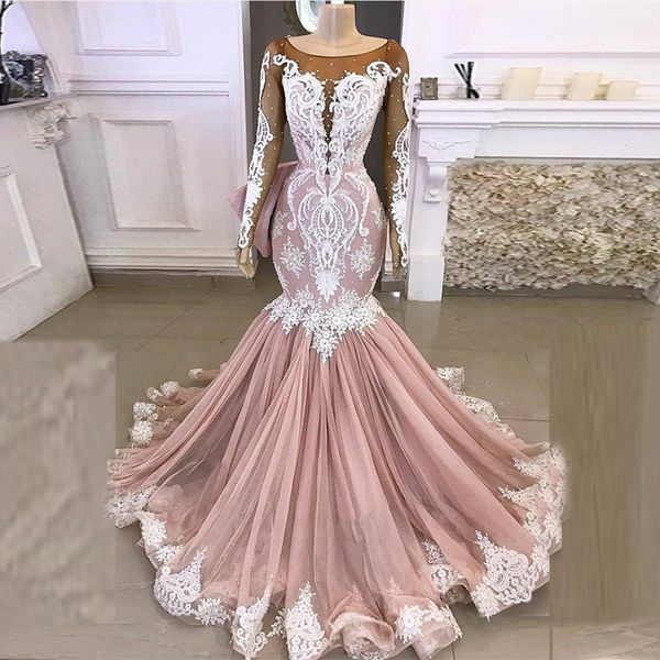 

элегантный dusty pink русалка с длинным рукавом вечерние платья sheer шеи белые кружева zipper назад 2020 платье vestidos элегантный, Black