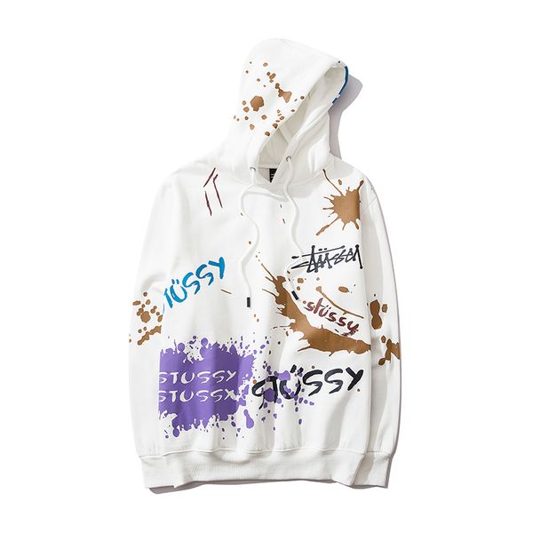 

stussys mens hoodie new luxury sweater color letter logo splash ink printing plus velvet fashion loose hooded sweatshirts, White;black