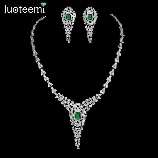 

luoteemi 4 colors new vintage white gold-color statement cubic zirconia necklace earrings jewellry set for women wedding jewelry, Silver