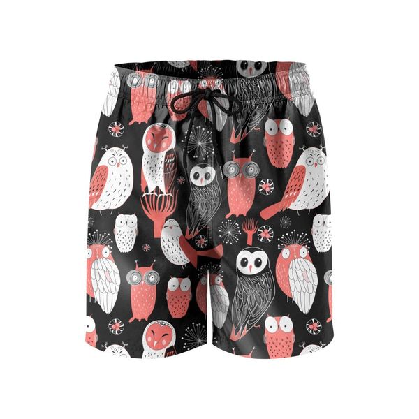 

men's swimming trunks different red owls in black gym quick dry board shorts colorful with hearts night forest owl eyes blue rose