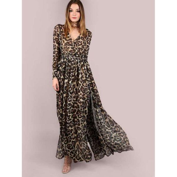 

2020 spring womens leopard dresses v neck see through fashion printed dresses party style split empire dresses with sashes, Black;gray