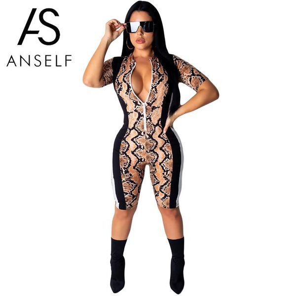 

snake print women jumpsuit zipper front short sleeve bodycon playsuit rompers womens jumpsuit women summer overalls, Black;white