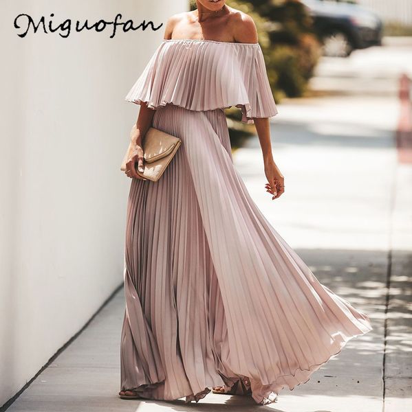 

miguofan off shoulder chiffon summer dresses women ruffle pleated long dress pink elegant holiday loose beach summer dress 2019, Black;gray