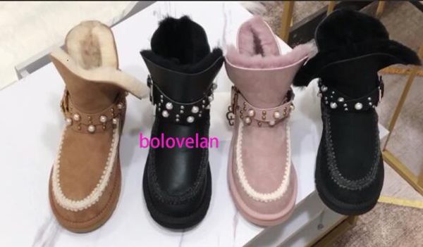 

2019 new casual snow boots australian sheep fur one pearl leather buckle warm plus velvet short boots women's, Black