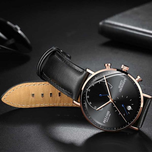 

simple men leather quartz watch fashion casual chronograph analog gold black men wrist watches male waterproof auto date clock, Slivery;brown